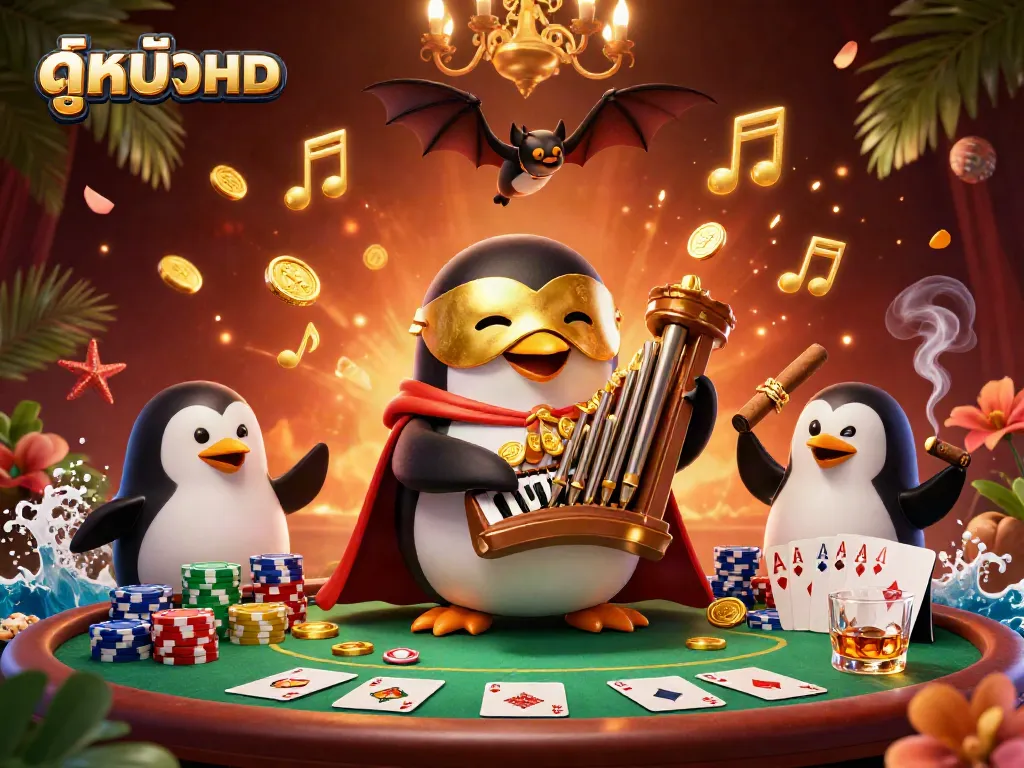 Experience the thrill of ดูหนังHD with interactive casino scenes featuring a playful penguin and vibrant elements.