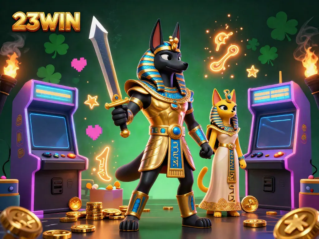 Engage in thrilling spins with 23WIN's vibrant casino theme, featuring Anubis and Bastet.