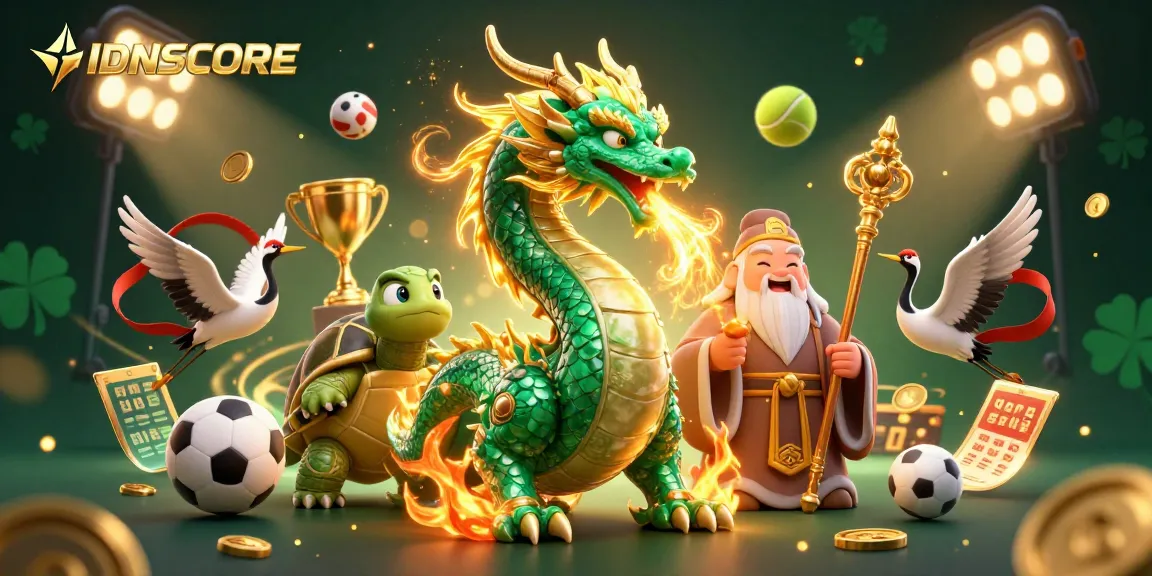 Experience the thrill of IDNSCORE betting with a vibrant dragon and casino elements.