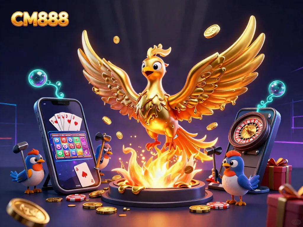 Experience the excitement of CM888 with a vibrant golden phoenix and dynamic gaming elements.