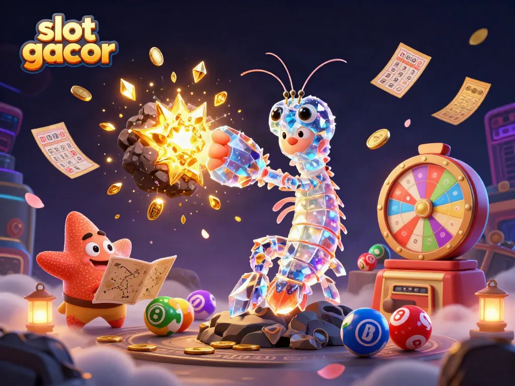 Engage in thrilling slot gacor action with dynamic characters and vibrant elements exploding with gems and coins.