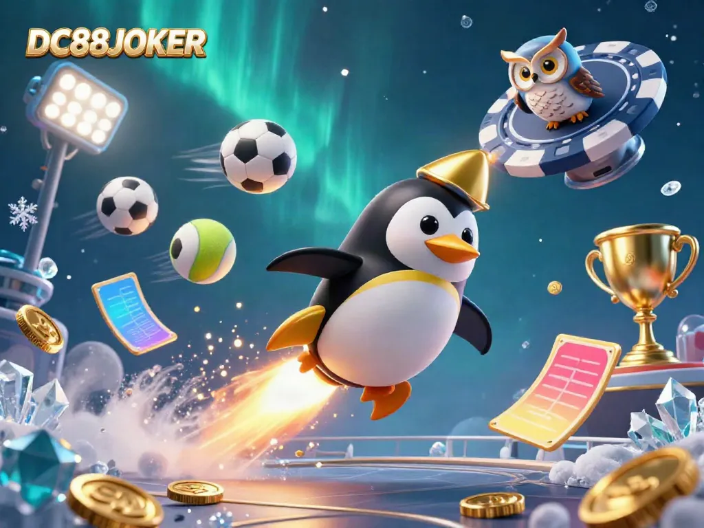 Experience the thrill of winning at DC88JOKER with a dynamic 3D illustration of a golden penguin and casino elements.