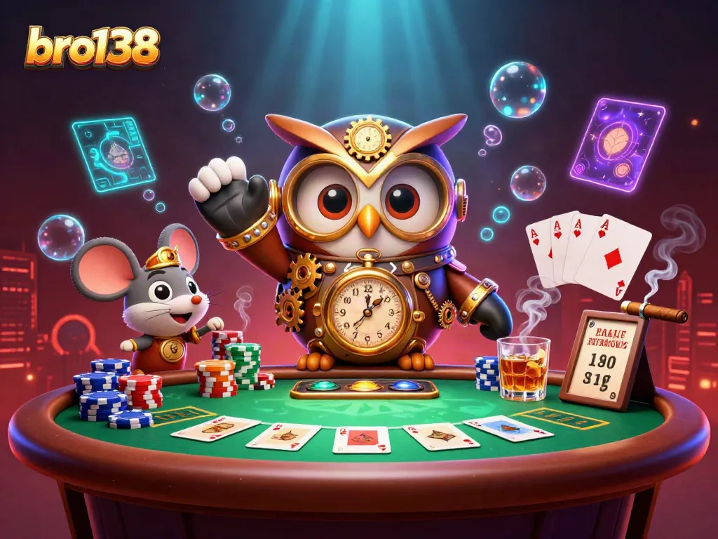 Engage with thrilling games at bro138 with a vibrant casino illustration showcasing a time-traveling owl!