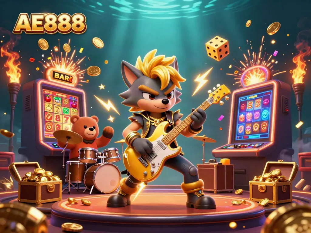 Experience the thrills of AE888 with an electrifying casino scene featuring a rock star wolf and a drummer bear.
