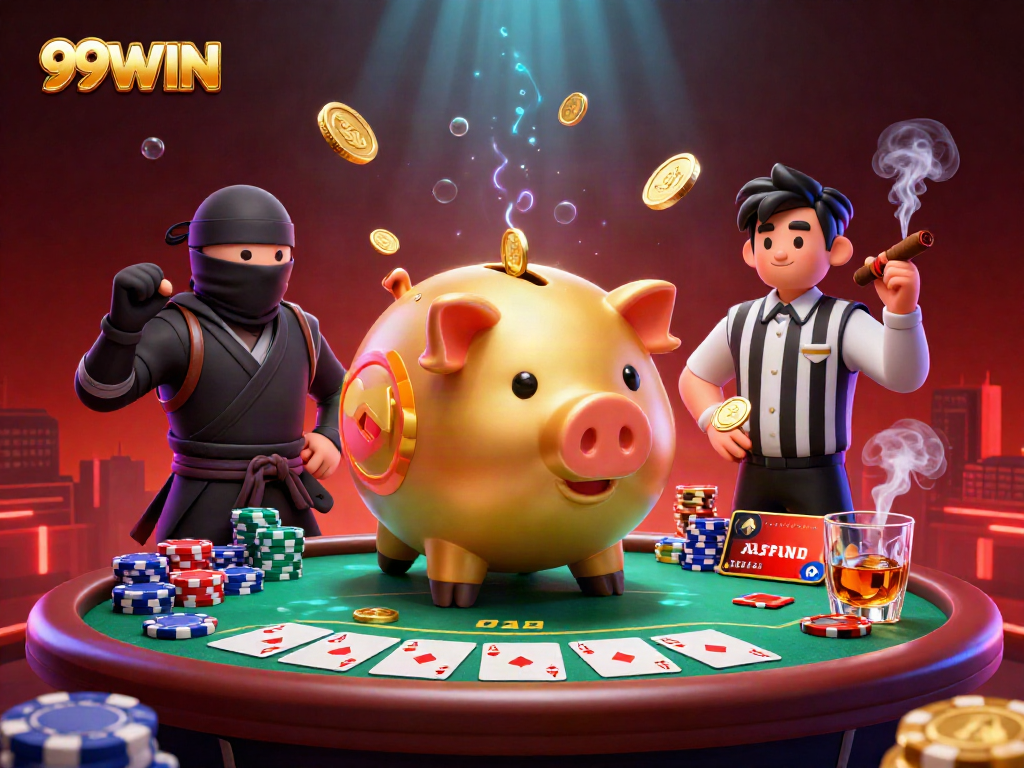 Experience thrilling gaming with 99WIN as the golden piggy bank wrestler shakes loose coins amidst dynamic casino elements.