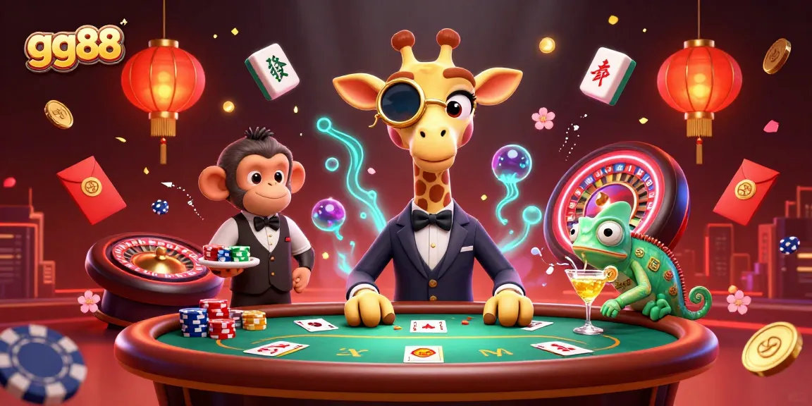 Experience the thrill of gg88 with a vibrant 3D scene of a high-roller giraffe and friends at a poker table.