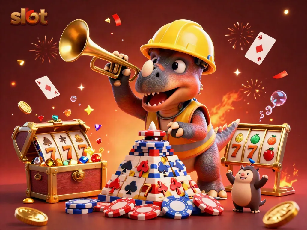 Engaging slot-themed scene with a triceratops building poker chip pyramid, celebrating with friends.