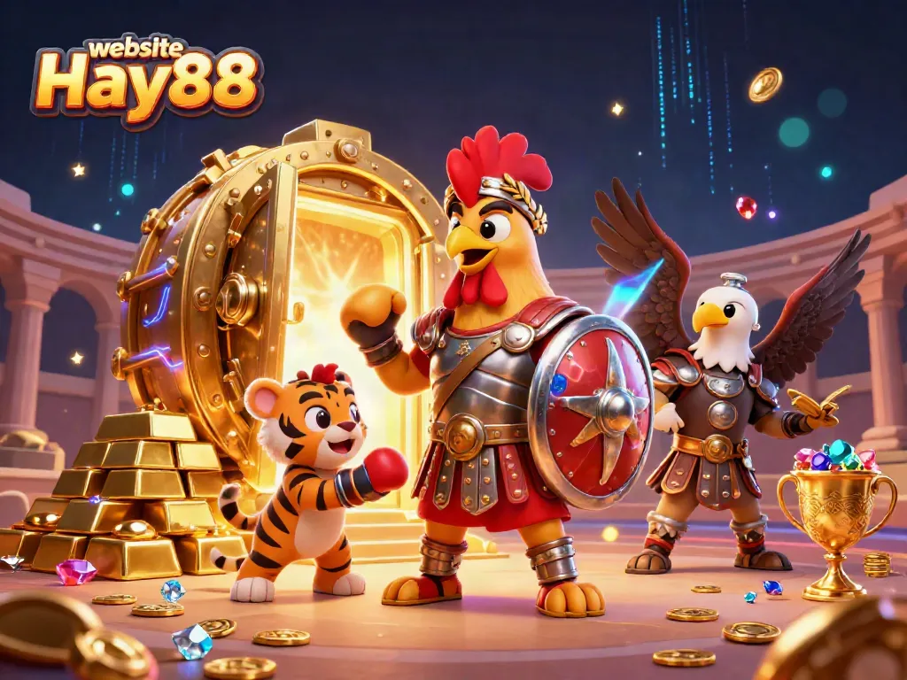 Experience excitement with the website Hay88 as gladiator rooster leaps toward golden jackpot treasures.