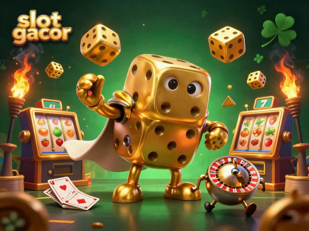 Gambarkan slot gacor dengan karakter dadu emas besar dan simbol buah di tengah atmosfer kasino yang menarik.