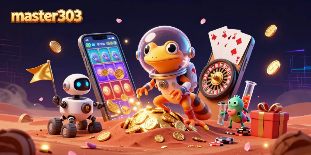Master303 menampilkan gecko Martian dalam helm gelembung menemukan kasino emas, dikelilingi slot game interaktif.