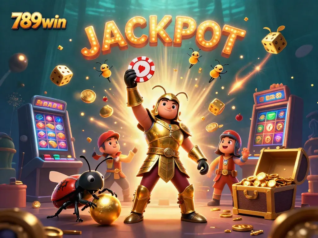 Experience the excitement of 789win with a victorious beetle character celebrating a jackpot win amidst colorful casino elements.