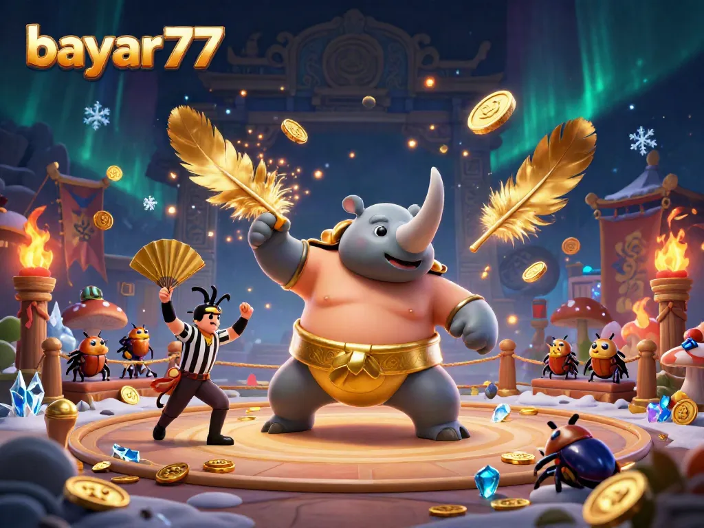 Experience smooth gaming with bayar77 as the sumo beetle champion stomps coins, surrounded by dynamic elements.