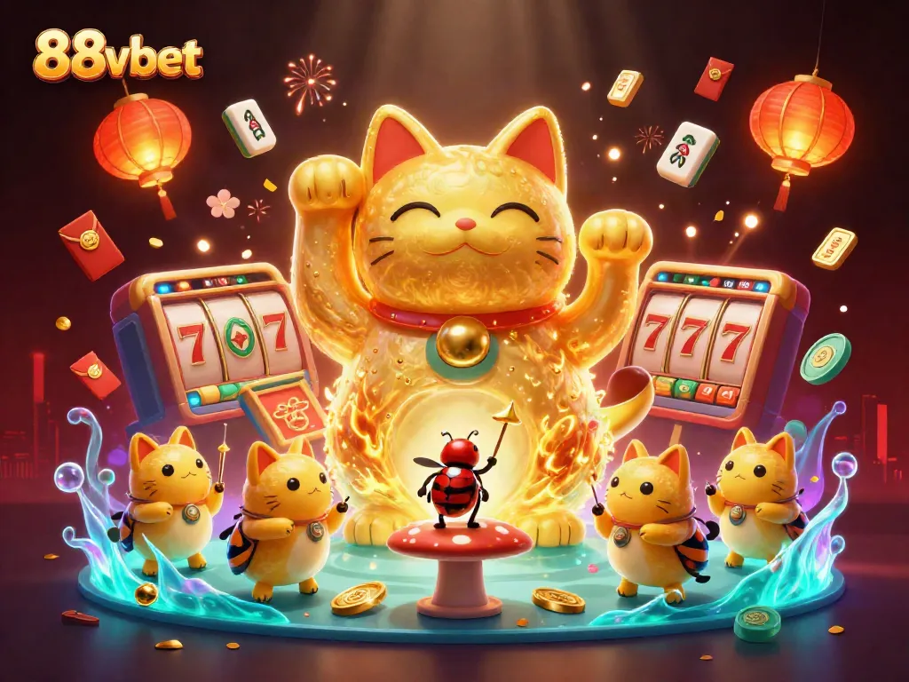Experience captivating 88vbet casino action with a dynamic lucky cat, swirling symbols, and glowing elements.
