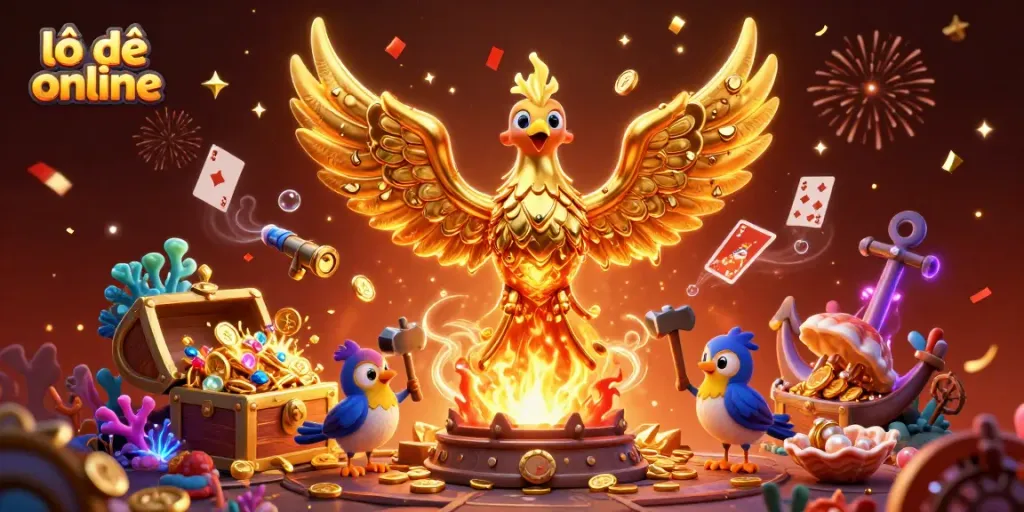 Engage in thrilling lô đề online action with vibrant visuals of a molten gold phoenix and casino elements.