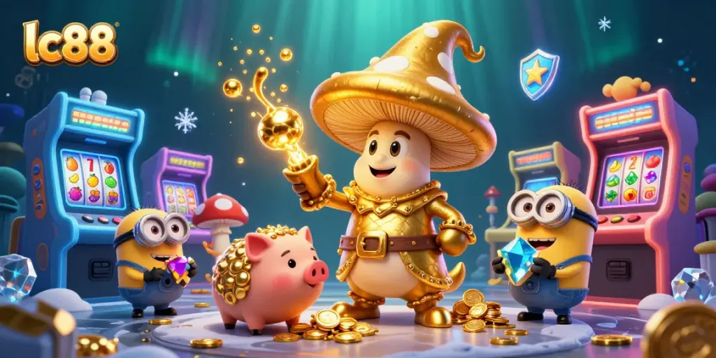 Spin and win at lc88 with a magical golden wizard and treasures in this vibrant casino scene.