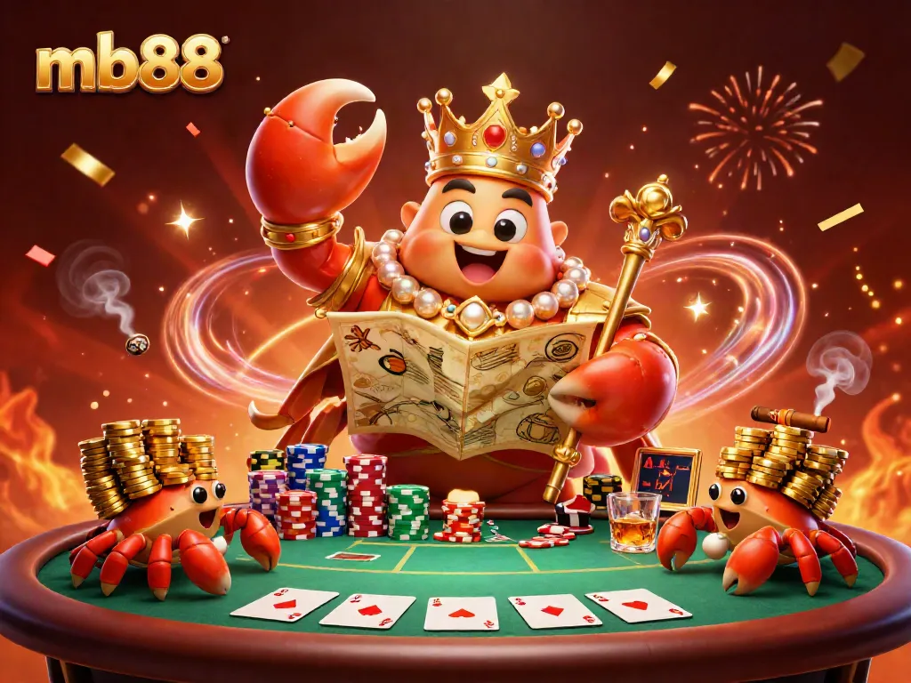 Experience unmatched gaming excitement with mb88 as massive golden crab emperor exudes charisma amidst poker elements.