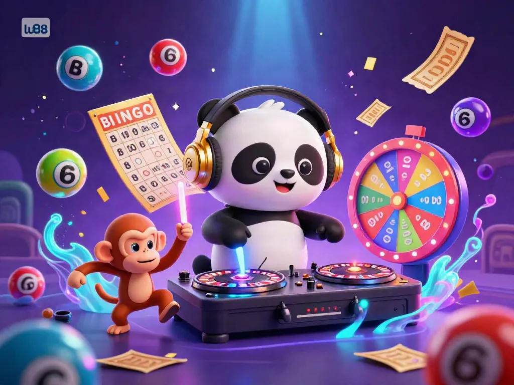 Experience thrilling gaming with lu88's vibrant casino scene featuring a DJ panda, dancing monkey, and rave kitten.