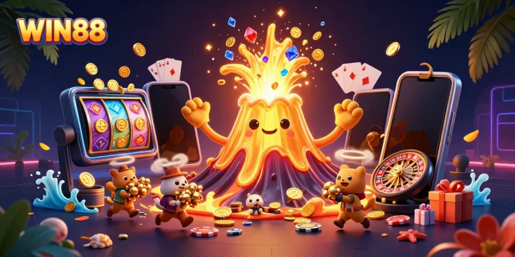 Experience the thrill of WIN88 with a vibrant 3D casino illustration showcasing exciting gaming elements.