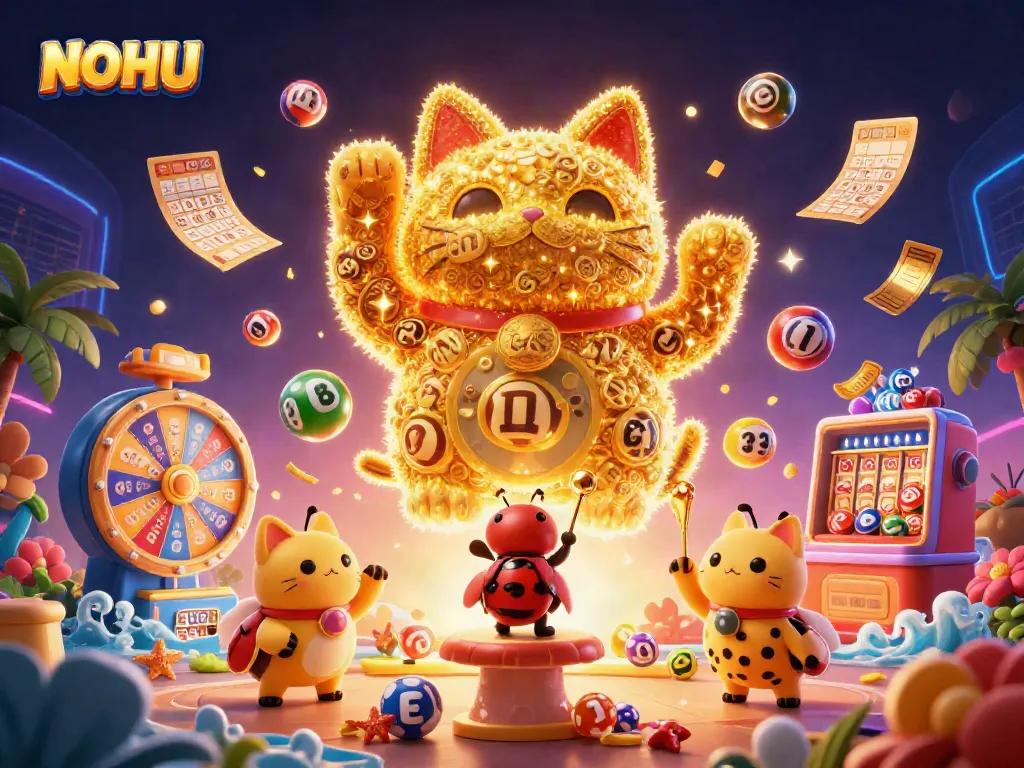 Engage with NOHU's vibrant lottery scene featuring golden fireflies in a dynamic casino experience.