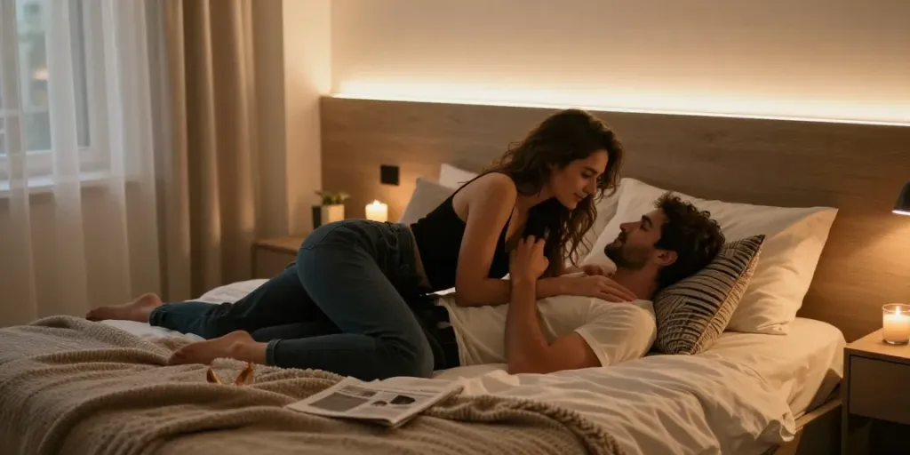 Gambar seksi dengan suasana intim di dalam kamar tidur yang modern, menampilkan interaksi pasangan.