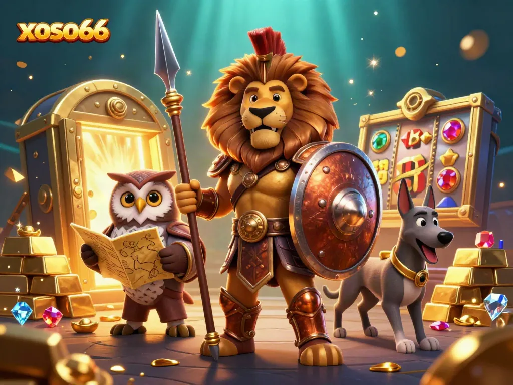Experience thrilling slots at xoso66 with golden treasures, vibrant reels, and exciting casino characters.
