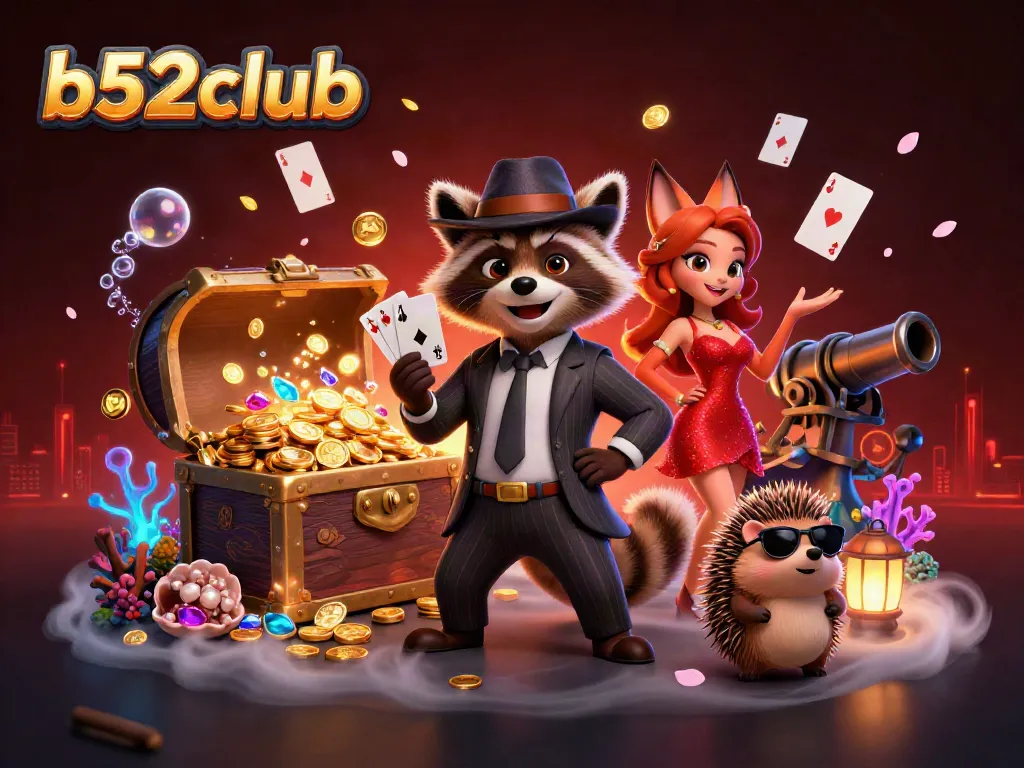Experience the thrill of b52club with a suave raccoon, fox lady, and bouncer in a vibrant casino scene.