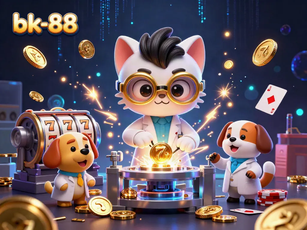 Experience the excitement of bk-88 with a cartoon mad scientist cat and loyal assistant in a lively casino scene.